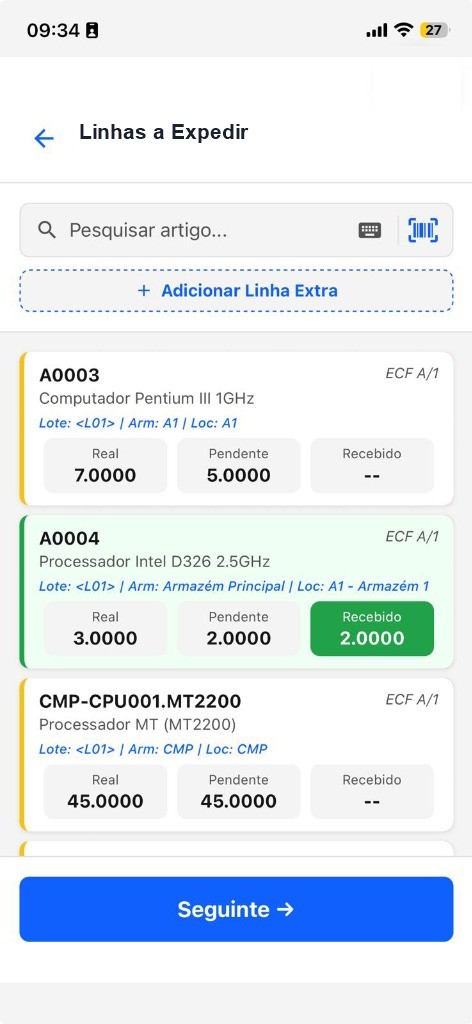 Ecrã de Expedições e Picking